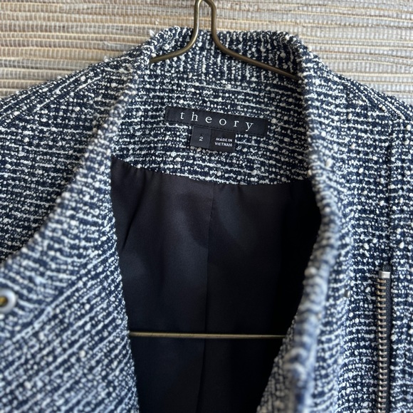 Theory Boucle Tweed Asymmetrical Lambskin Sleeve Moto Jacket Size 2 - Picture 7 of 10